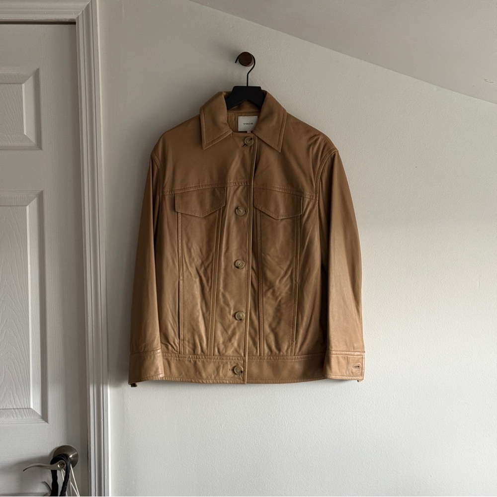 Vince Washed Leather Trucker Jacket in Tan